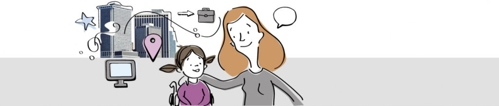 Mujer con niña en silla de ruedas