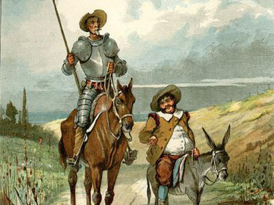 Dibujo de Don Quijote y Sancho Panza cabalgando juntos