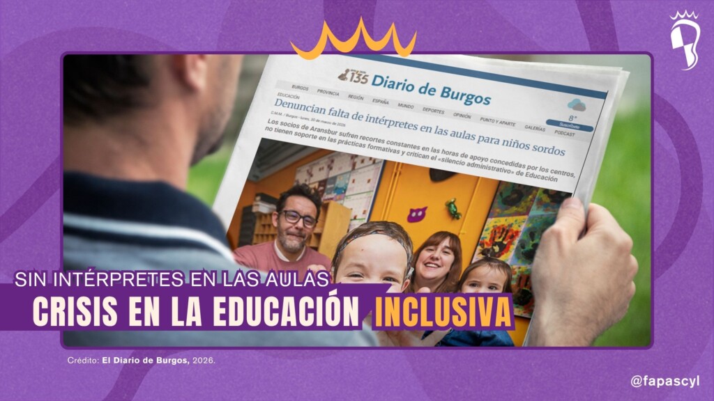 Imagen de una persona sosteniendo el periódico "Diario de Burgos" con el titular "Denuncian falta de intérpretes en las aulas para niños sordos". La composición cuenta con un marco morado y el texto "Crisis en la educación inclusiva".