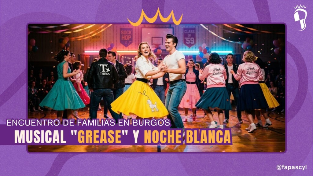 Un cartel gráfico pop-art dividido en dos mitades sobre cultura accesible en Burgos. A la izquierda, símbolos de accesibilidad comunicativa (vista, mano, oído) bajo el texto "CULTURA ACCESIBLE". A la derecha, un coche retro de los años 50, siluetas de Dany y Sandy de perfil, y los iconos de un micrófono y luna con el texto "GREASE + NOCHE BLANCA. BURGOS, 23 MAYO".