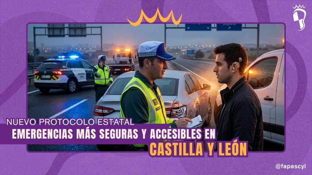 Un cartel promocional de FAPAS CyL sobre fondo de una carretera al anochecer. En la parte superior, un banner morado con texto amarillo dice: 'NUEVO PROTOCOLO ESTATAL: EMERGENCIAS MÁS SEGURAS Y ACCESIBLES EN CASTILLA Y LEÓN'. En el centro, una fotografía de estilo cinematográfico muestra a un agente de la Guardia Civil de Tráfico con uniforme, chaleco reflectante y gorra azul, escribiendo en una libreta mientras interactúa de frente con un joven civil que lleva una chaqueta negra y un audífono o implante coclear visible en su oreja. Al fondo se ven luces azules intermitentes de un coche patrulla, un vehículo plateado parado y señales de tráfico desenfocadas ('Burgos', 'Soria'). Abajo a la derecha está el logotipo de FAPAS CyL y datos de contacto.