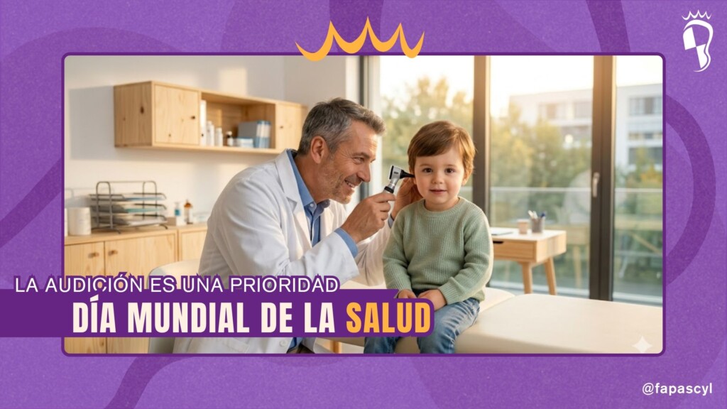 Doctor sonriente examinando el oído de un niño pequeño en una consulta moderna de madera. Marco morado corporativo de FAPAS CyL con el texto: La audición es una prioridad. Día Mundial de la Salud.