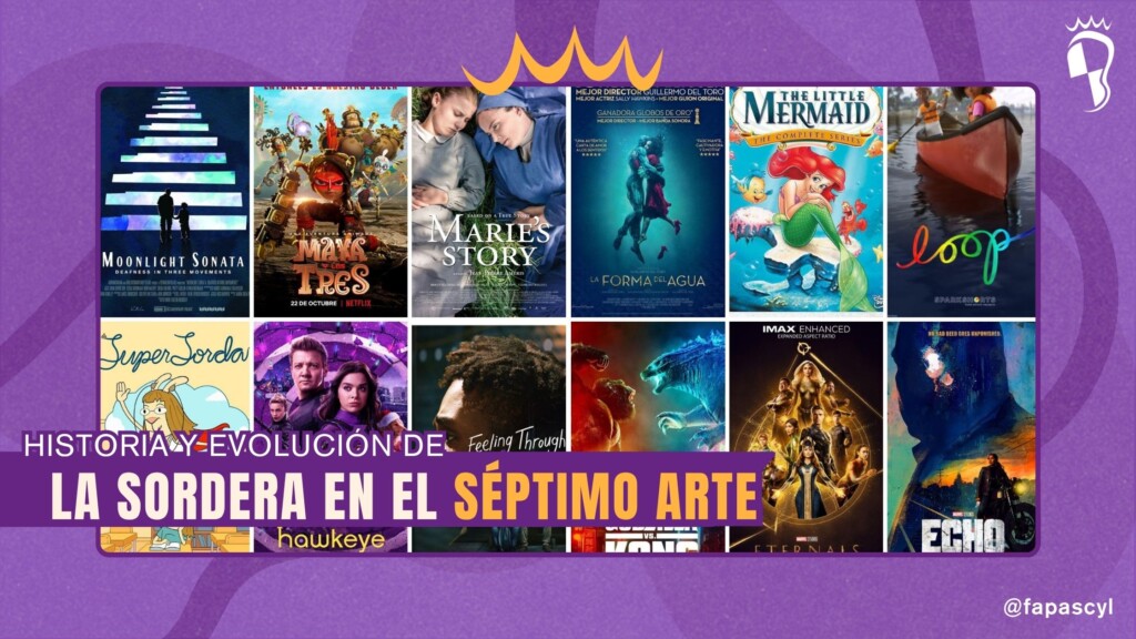 Mosaico de carteles de películas y series con representación de la comunidad sorda, que sirve como portada del artículo de sensibilización sobre la historia de la sordera en el séptimo arte.