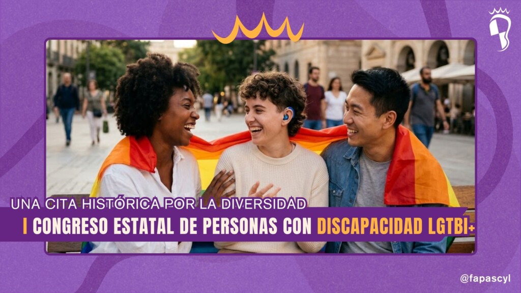 Cartel con fondo morado y marco institucional. En la imagen central, tres jóvenes ríen envueltos en una bandera del arcoíris en una plaza pública; uno de ellos lleva un audífono azul. Texto superpuesto: "Una cita histórica por la diversidad. I Congreso Estatal de Personas con Discapacidad LGTBI+".