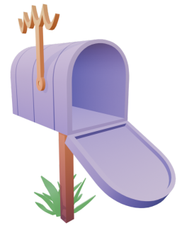 Ilustración en 3D de un buzón de correos de color púrpura con la puerta abierta. Tiene una bandera decorativa en la parte superior con forma de corona dorada y está situado sobre una pequeña base de césped verde.