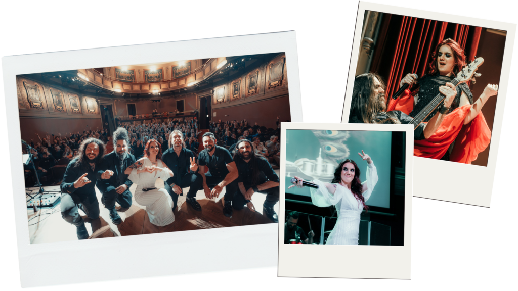 Collage de tres fotos tipo Polaroid sobre fondo blanco. A la izquierda, la banda completa de "Viaje al Gineceo" posa en el escenario haciendo gestos de rock y de lengua de signos ante un auditorio lleno. En el centro y derecha, primeros planos de la cantante Eloísa de Castro y músicos durante la actuación musical.