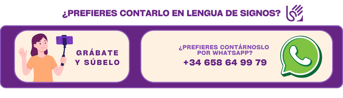 Infografía horizontal titulada "¿Prefieres contarlo en lengua de signos?" acompañada del logotipo de accesibilidad en LSE. Contiene dos bloques de información sobre fondo crema: a la izquierda, la ilustración de una mujer sosteniendo un teléfono móvil en un palo selfie para grabarse junto al texto en letras mayúsculas moradas "GRÁBATE Y SÚBELO". A la derecha, el logotipo circular verde de WhatsApp resalta junto a la pregunta "¿Prefieres contárnoslo por WhatsApp?" y el número de contacto de la federación "+34 658 64 99 79".