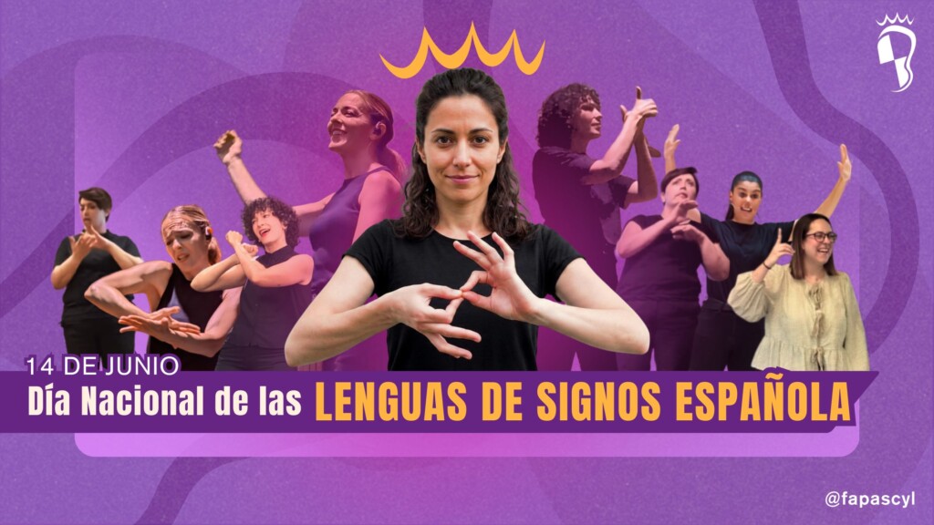 Cartel conmemorativo del 14 de junio, Día Nacional de las Lenguas de Signos Españolas, sobre un fondo morado corporativo. En el centro, una mujer de camiseta negra realiza el signo de lengua de signos internacional con las manos cruzadas por los dedos índices y pulgares, bajo una corona amarilla abstracta. De fondo, de manera difuminada, aparecen varias personas e intérpretes signando en diferentes posiciones, y abajo a la derecha se incluye el usuario @fapascyl.