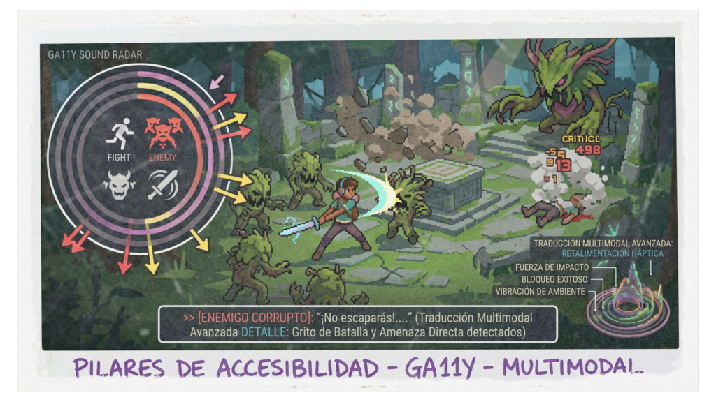 Captura de pantalla de un videojuego en estilo 32-bit pixel art dentro de un marco polaroid. Muestra al personaje combatiendo a varios monstruos del bosque mientras se activan el radar de sonido Ga11y, los subtítulos avanzados de diálogos y los gráficos de traducción háptica.