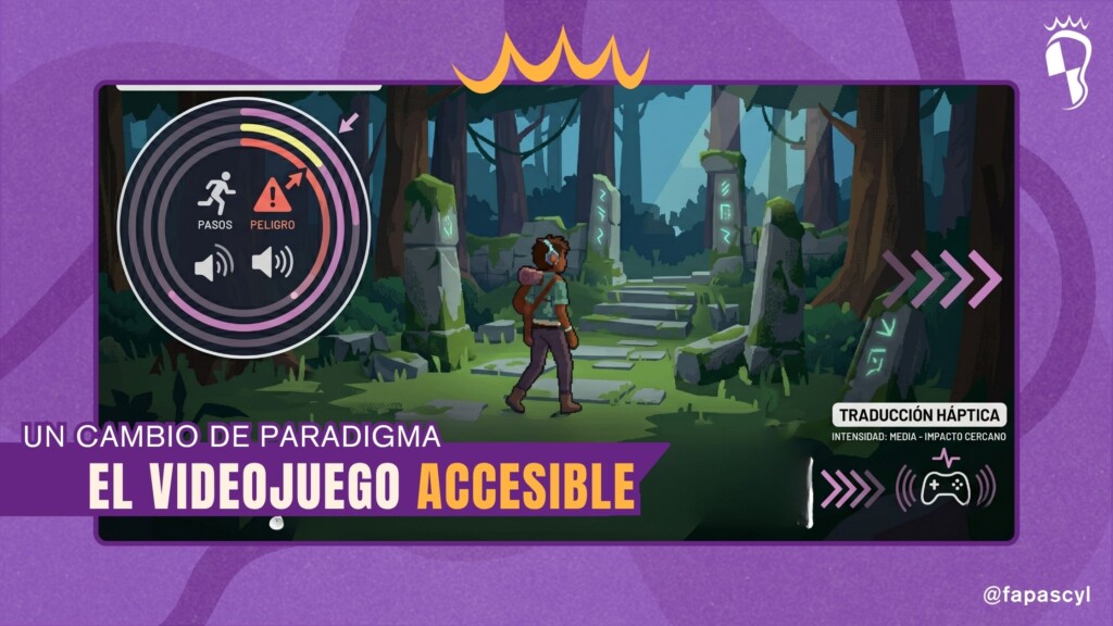 Imagen promocional sobre fondo morado corporativo de FAPAS CyL con el título 'Un cambio de paradigma: El videojuego accesible' superpuesto en una captura de pantalla de un juego con interfaces adaptadas.