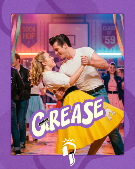 Un cartel promocional estilo cómic retro dividido en dos partes por una línea vertical. A la izquierda, sobre fondo turquesa, el texto "CULTURA ACCESIBLE" con iconos estilizados de un ojo, una mano y una oreja. A la derecha, sobre fondo rosa y morado, una ilustración de Danny y Sandy en un coche clásico descapotable amarillo de los años 50 conduciendo hacia una ciudad bajo la luna, con el texto "GREASE + NOCHE BLANCA. BURGOS, 23 MAYO".